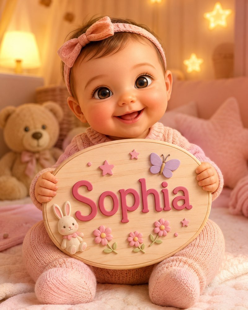 Ilustração de bebê segurando plaquinha com o nome Sophia