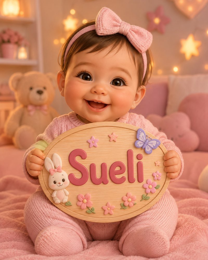 Ilustração de bebê segurando plaquinha com o nome Sueli