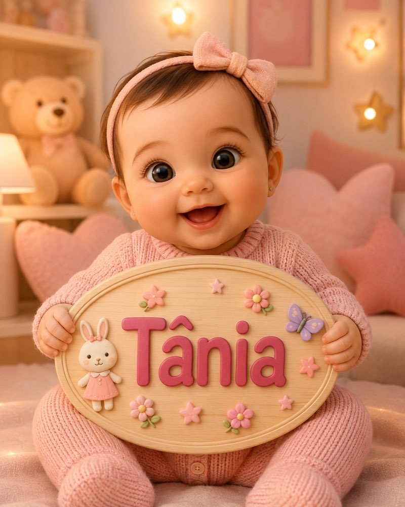 Ilustração de bebê segurando plaquinha com o nome Tânia