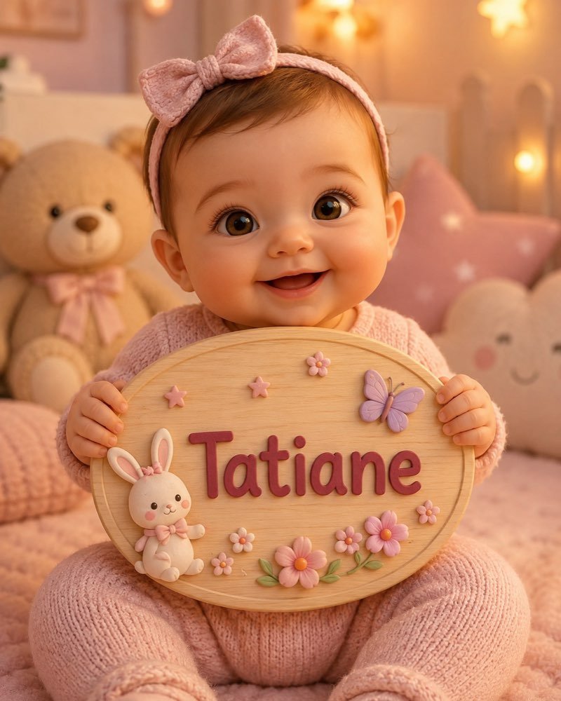 Ilustração de bebê segurando plaquinha com o nome Tatiane