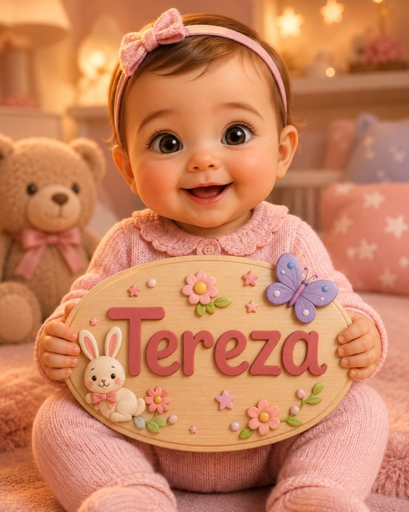Ilustração de bebê segurando plaquinha com o nome Tereza