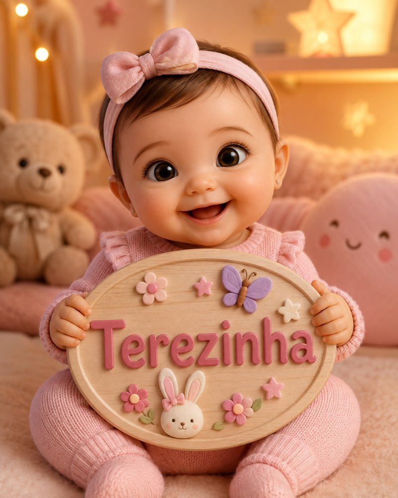 Ilustração de bebê segurando plaquinha com o nome Terezinha