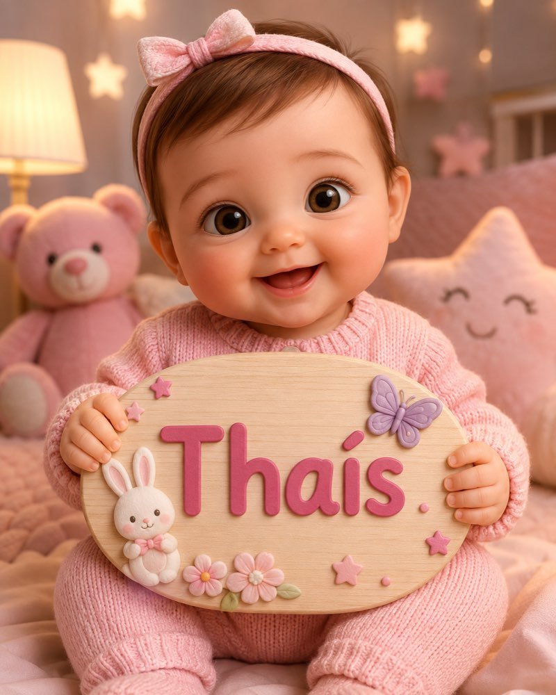 Ilustração de bebê segurando plaquinha com o nome Thaís