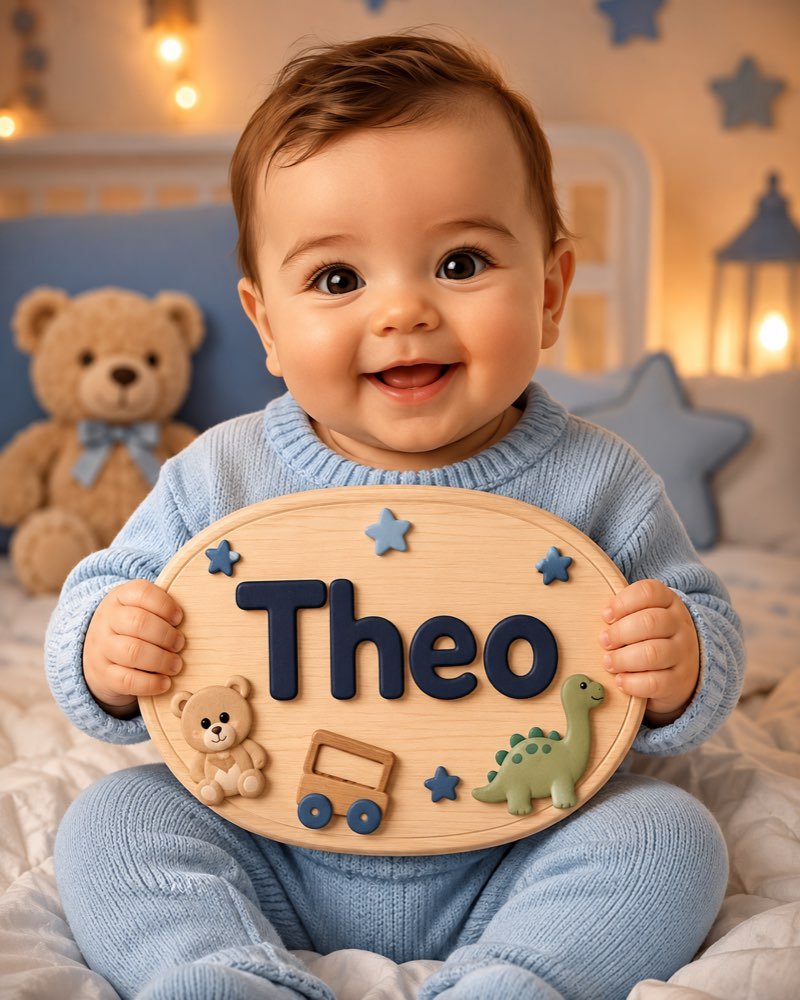 Ilustração de bebê segurando plaquinha com o nome Theo
