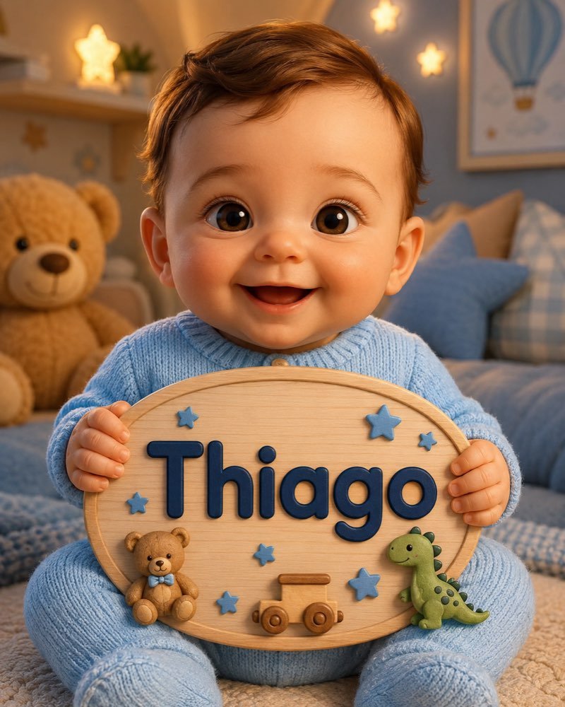 Ilustração de bebê segurando plaquinha com o nome Thiago