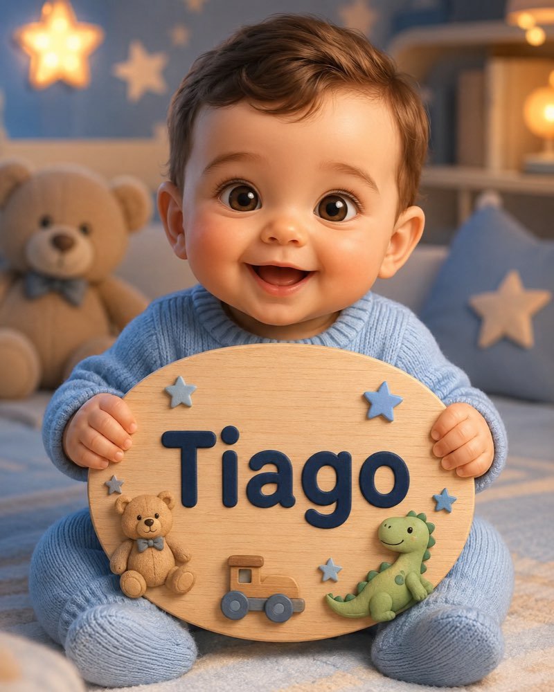 Ilustração de bebê segurando plaquinha com o nome Tiago