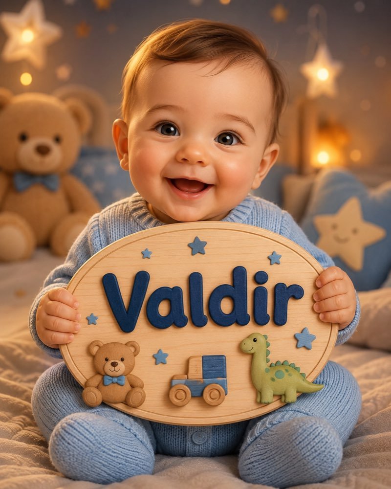 Ilustração de bebê segurando plaquinha com o nome Valdir