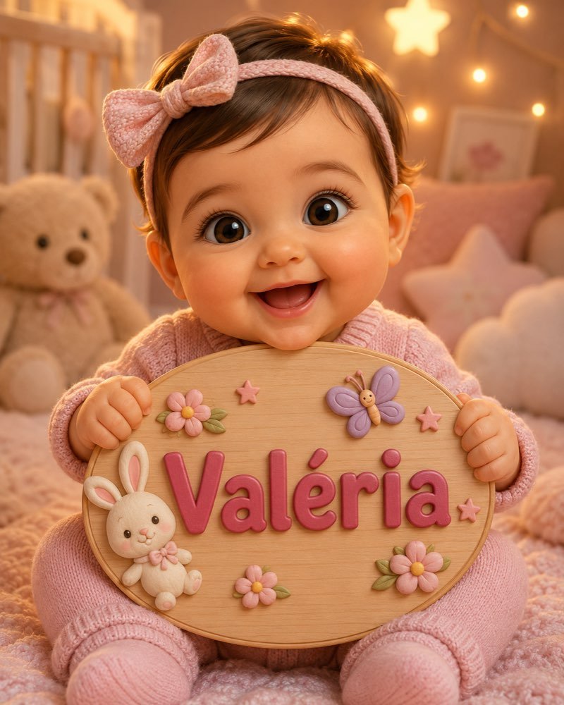 Ilustração de bebê segurando plaquinha com o nome Valéria