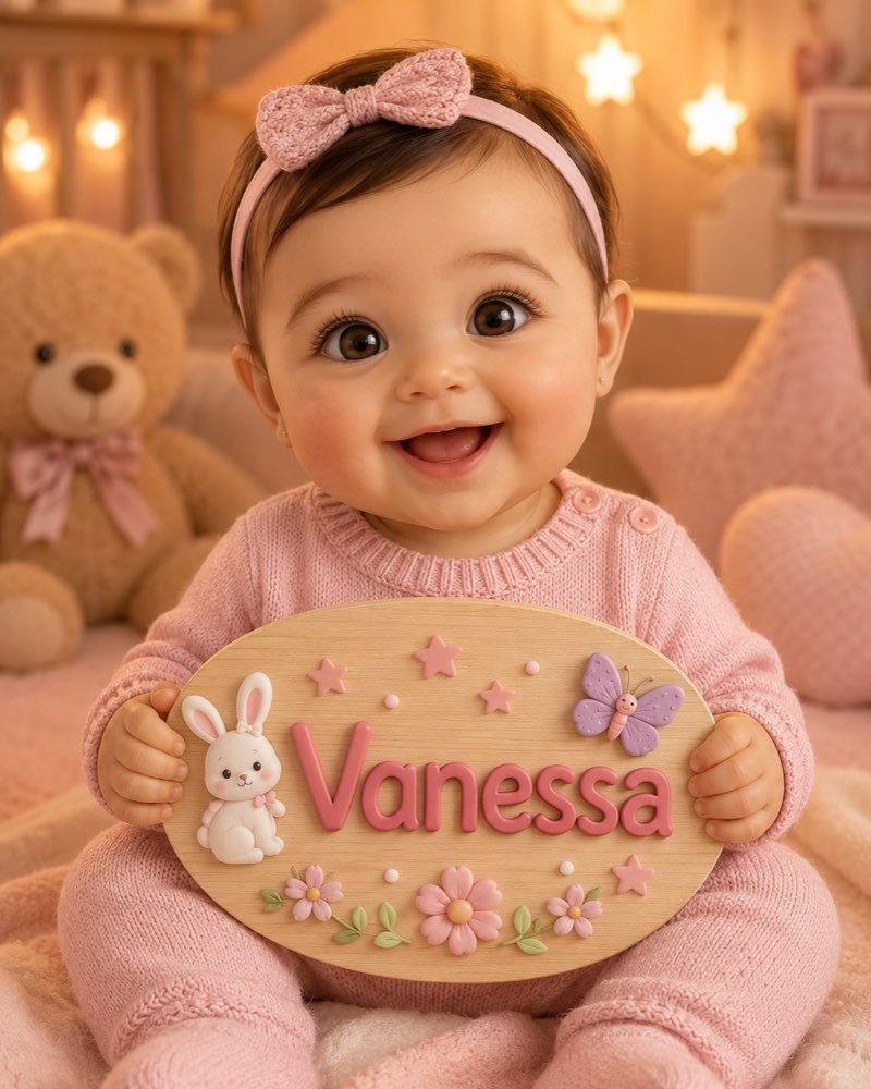 Ilustração de bebê segurando plaquinha com o nome Vanessa