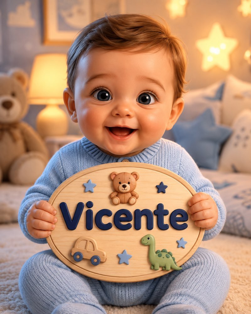 Ilustração de bebê segurando plaquinha com o nome Vicente