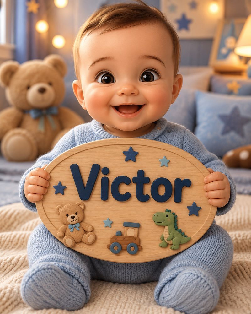 Ilustração de bebê segurando plaquinha com o nome Victor