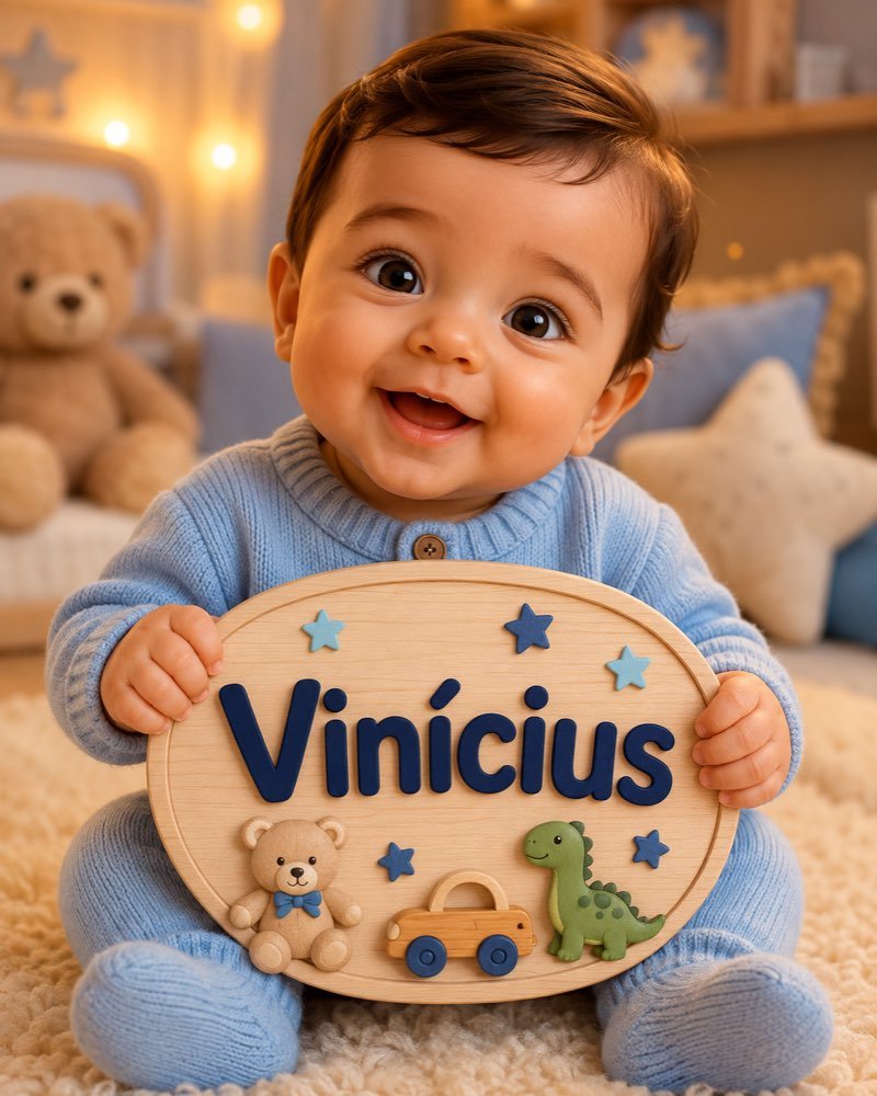 Ilustração de bebê segurando plaquinha com o nome Vinícius
