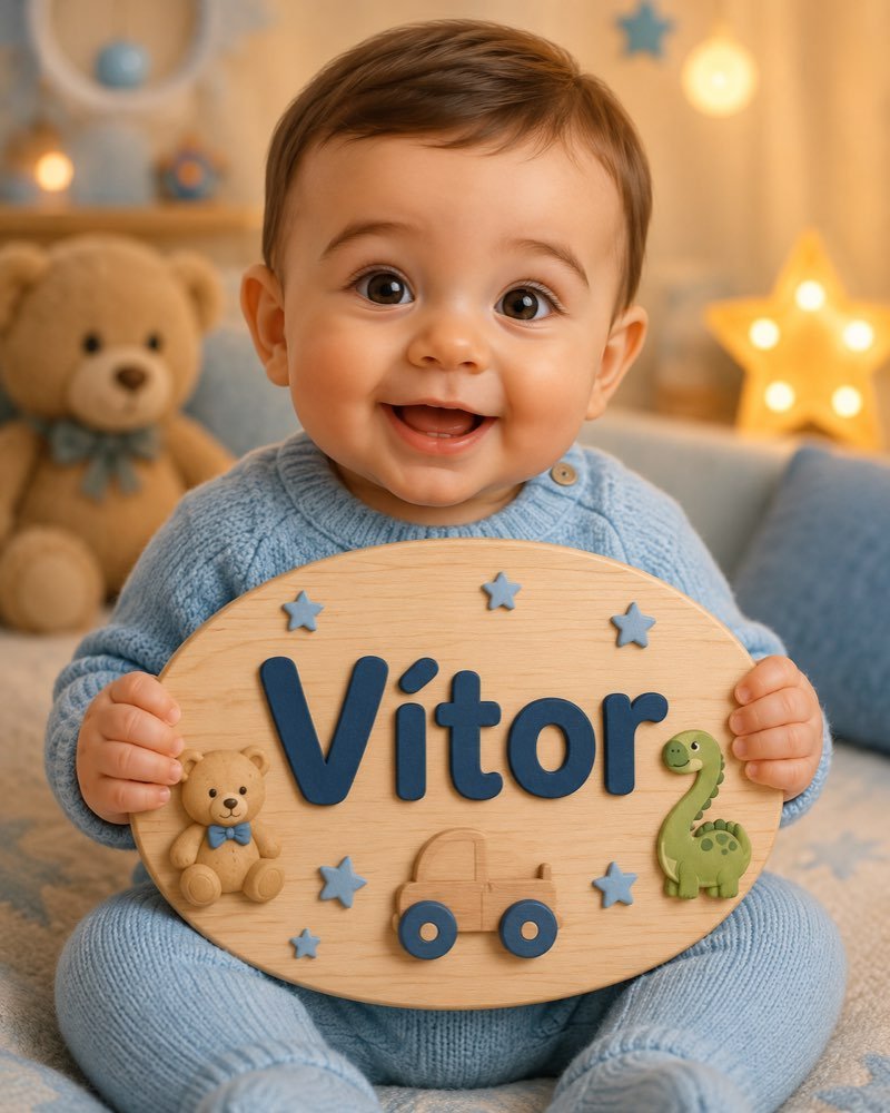 Ilustração de bebê segurando plaquinha com o nome Vítor