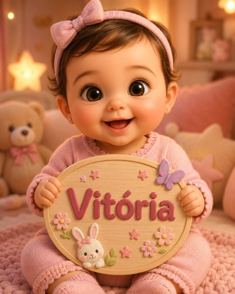 Ilustração de bebê segurando plaquinha com o nome Vitória