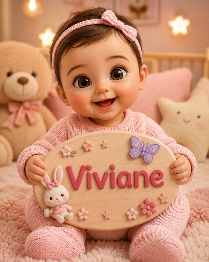 Ilustração de bebê segurando plaquinha com o nome Viviane
