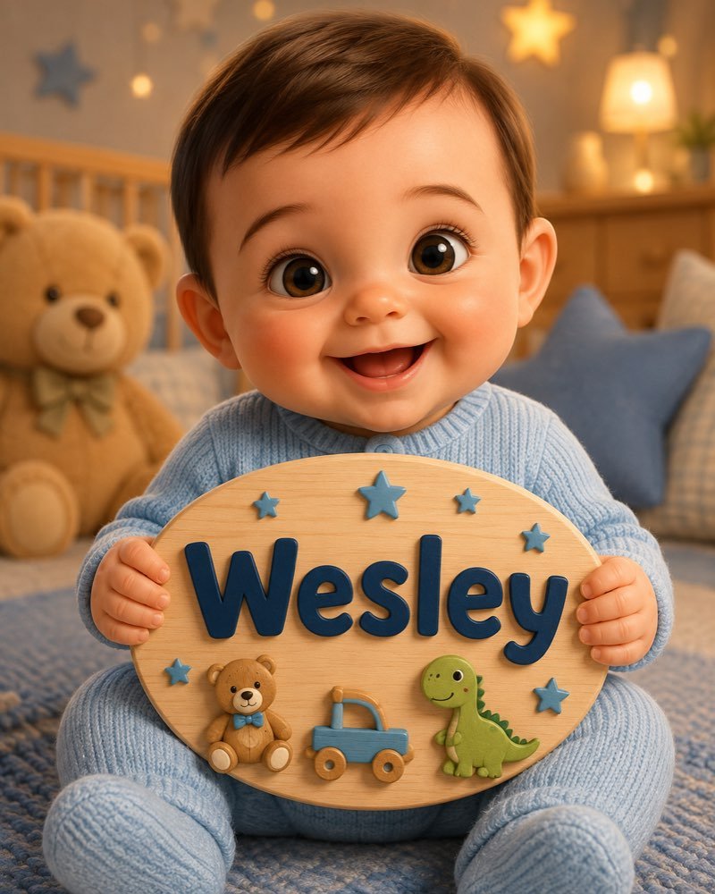 Ilustração de bebê segurando plaquinha com o nome Wesley