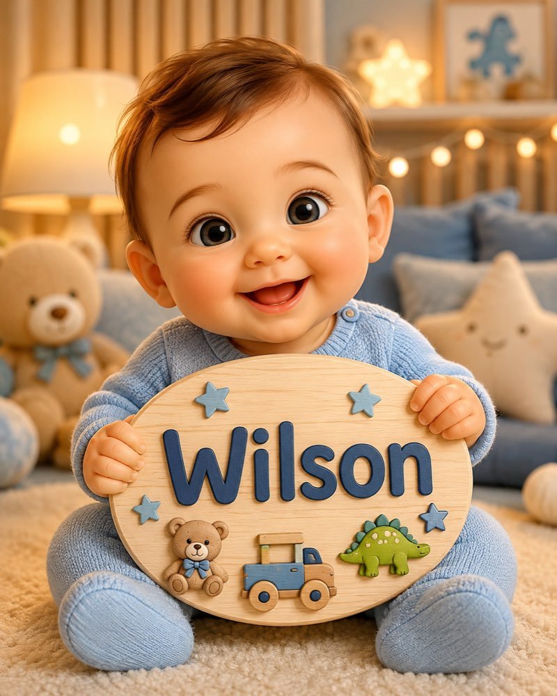 Ilustração de bebê segurando plaquinha com o nome Wilson
