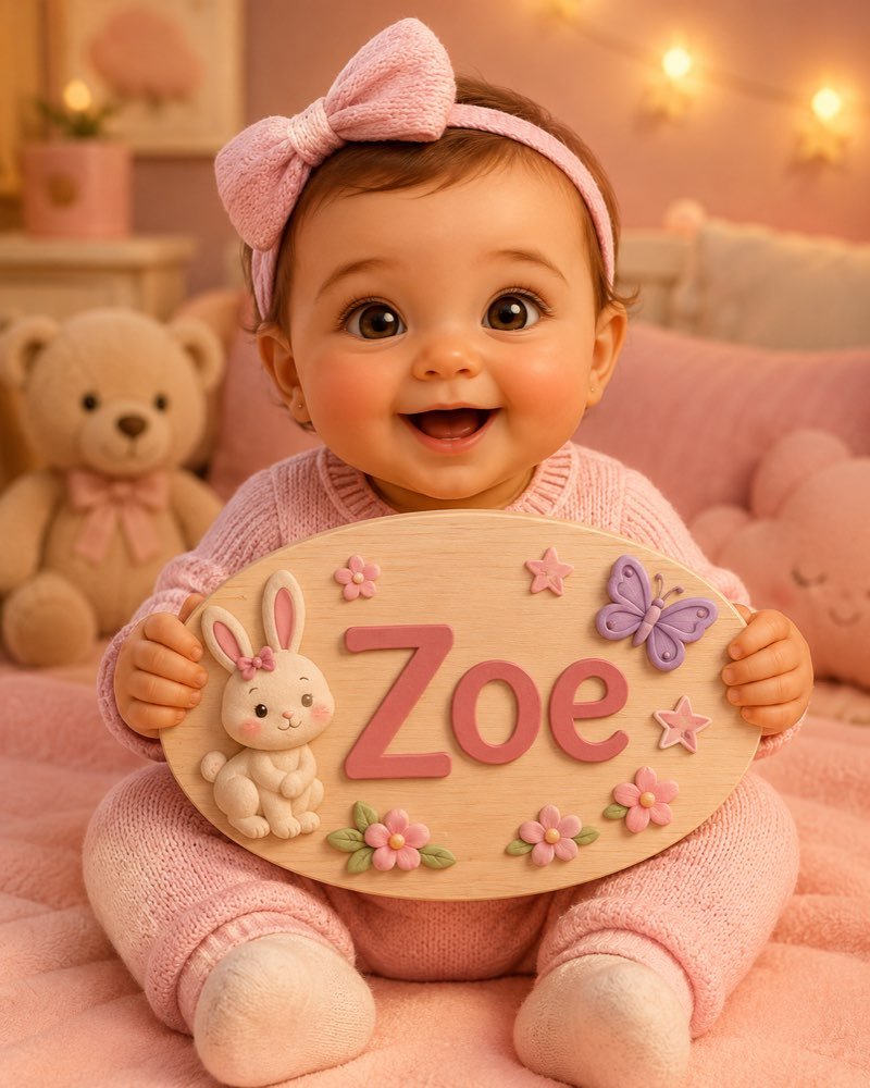 Ilustração de bebê segurando plaquinha com o nome Zoe