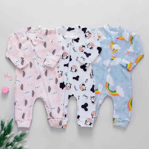 Kit 3 Macacões Bebê Soft Plush Unissex Zíper Frontal RN ao 1