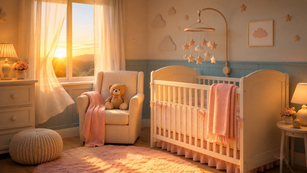 Quarto de bebê ao amanhecer com a luz do sol entrando pela janela