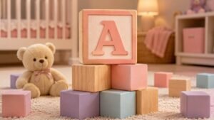 Bloco de madeira de brinquedo com a letra A em destaque num quarto de bebê