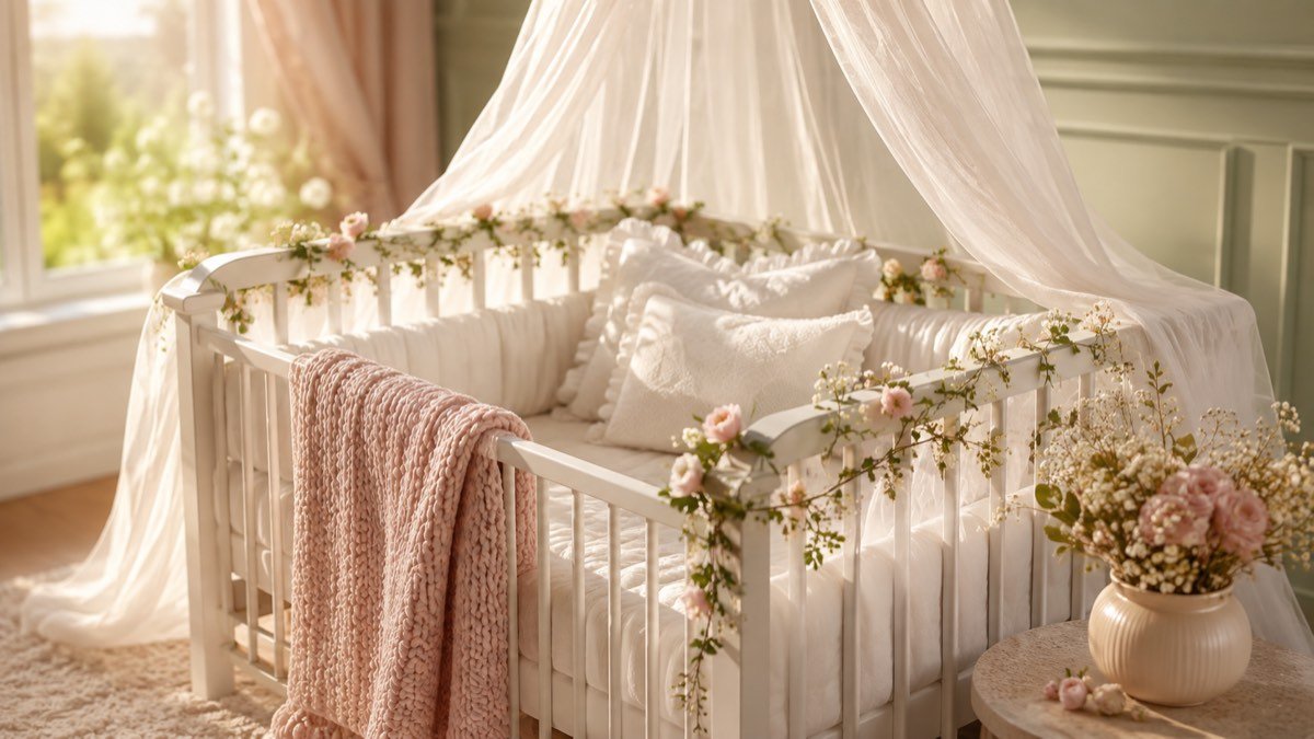 Berço branco com dossel de tule e florzinhas, no clima dos nomes compostos com Maria