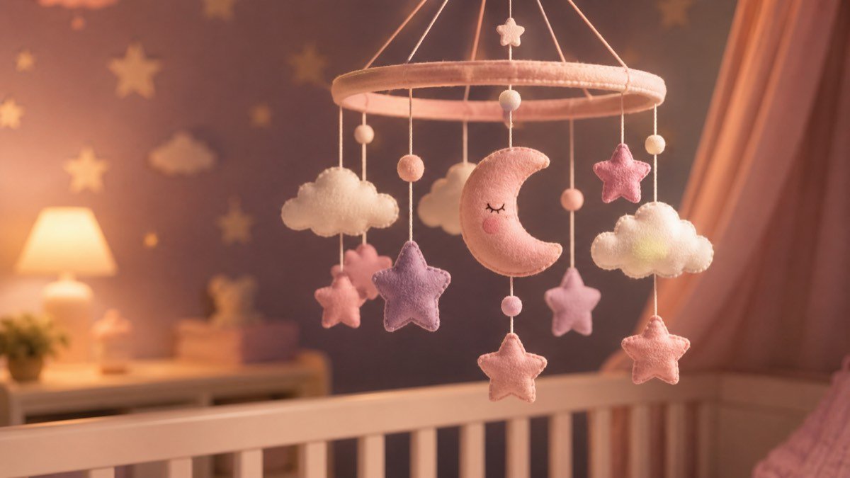 Móbile de nuvens e estrelas em tons de rosa e lilás sobre um berço de menina