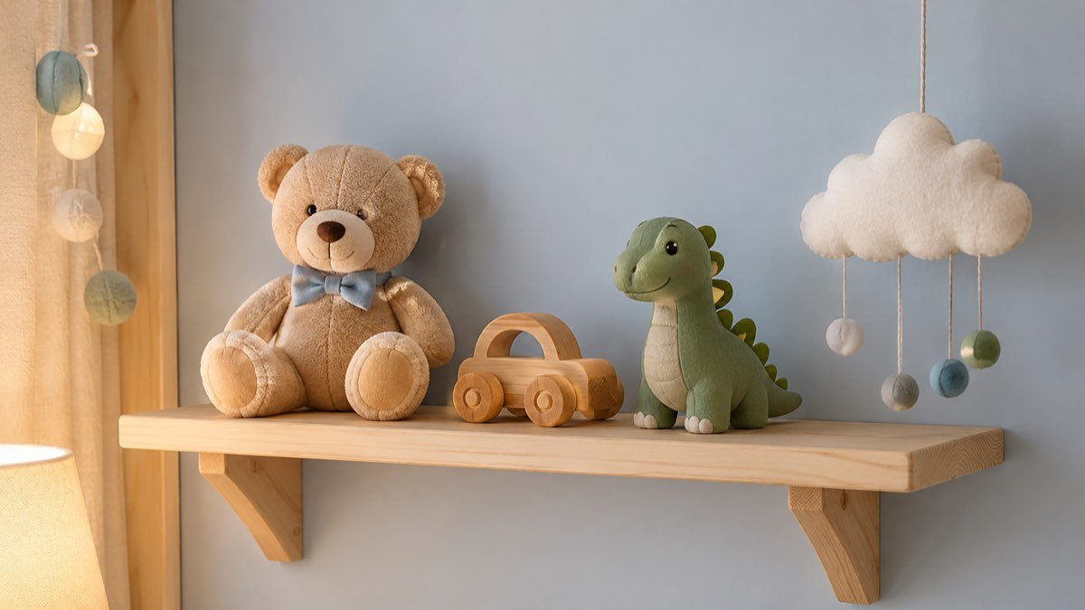 Prateleira de quarto de menino com ursinho, carrinho de madeira e dinossauro