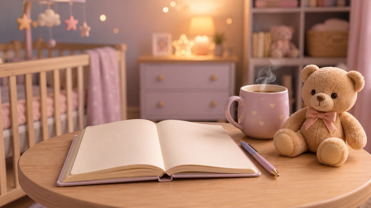 Caderno aberto em branco sobre a mesa de um quarto de bebê, para anotar a grafia do nome bíblico escolhido