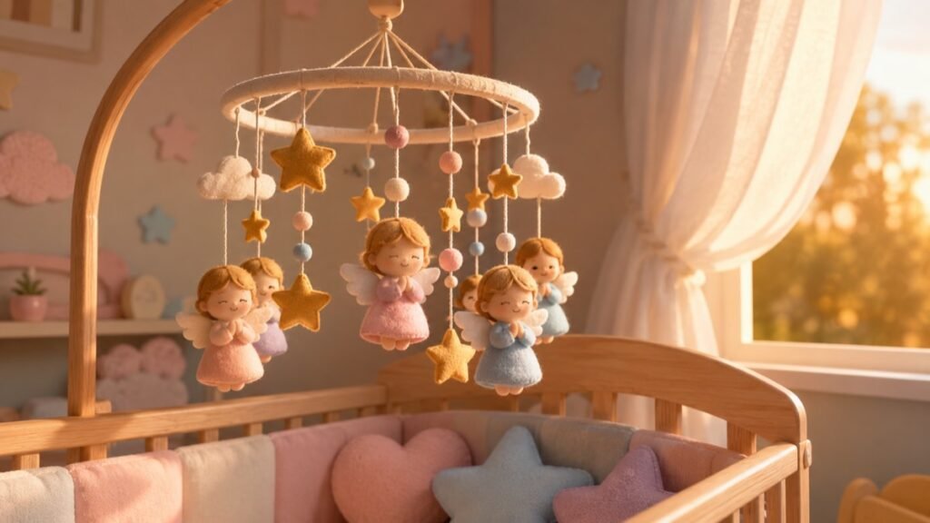Móbile de anjinhos e estrelas douradas sobre um berço em quarto de bebê, ilustração para nomes bíblicos