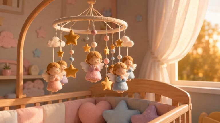 Móbile de anjinhos e estrelas douradas sobre um berço em quarto de bebê, ilustração para nomes bíblicos