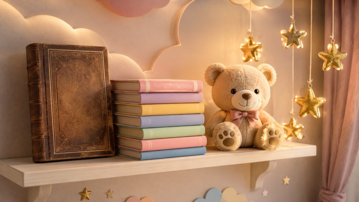 Prateleira de quarto de bebê com livro antigo, livrinhos coloridos e ursinho, ilustrando nomes bíblicos de menino