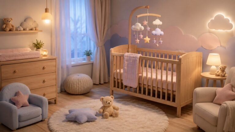 Quarto de bebê em tons pastel com berço de madeira e móbile de nuvens, ilustrando um post sobre nomes curtos para bebê