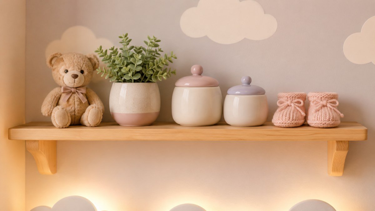 Prateleira de quarto de bebê com ursinho de pelúcia, vasinho de planta e sapatinhos de tricô