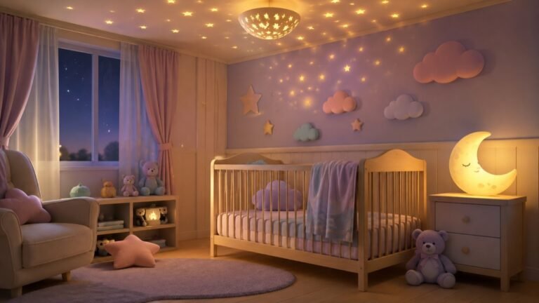Quarto de bebê à noite com berço, abajur em formato de lua aceso e luz de estrelinhas no teto, ilustrando nomes que começam com a letra L