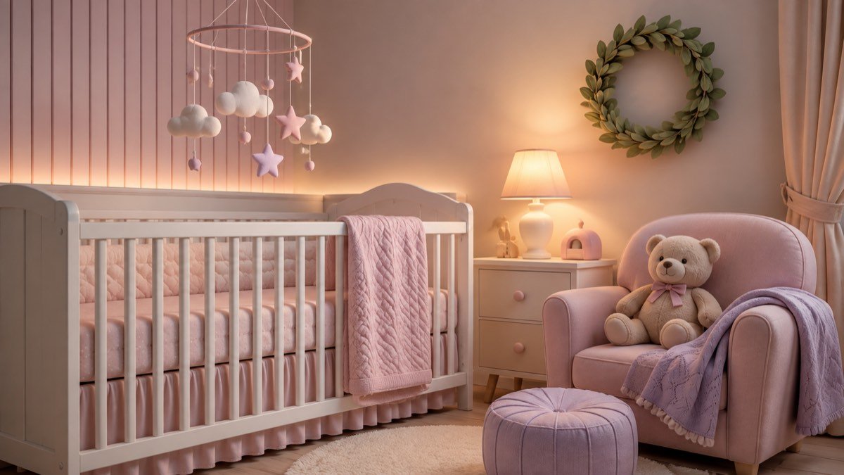 Cantinho de quarto de bebê em tons de rosa e lilás com berço branco, móbile de nuvens e coroa de folhas de louro na parede, ilustrando nomes de menina que começam com L