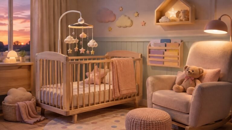 Quarto de bebê ao entardecer com berço de madeira e móbile de nuvens e estrelas, ilustrando nomes que começam com a letra M