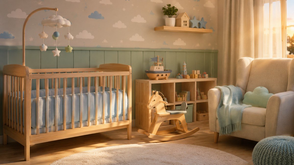 Quarto de bebê em tons de azul e verde com berço, cavalinho de balanço e barquinho de brinquedo, ilustrando nomes de menino que começam com M