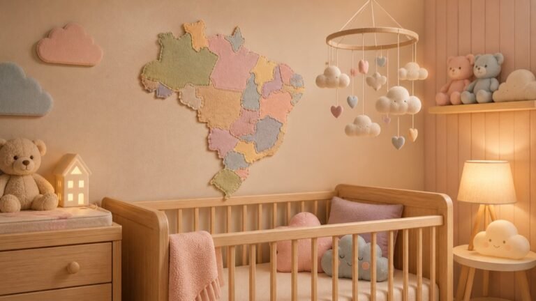 Quarto de bebê em tons pastel com um mapa do Brasil de feltro na parede, ilustrando os nomes por estado