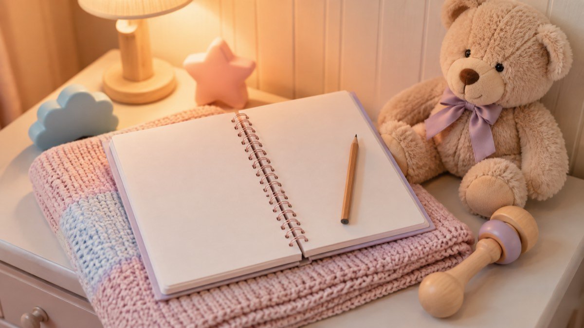 Caderno aberto com um lápis sobre uma manta de tricô em um quarto de bebê, para anotar a lista de nomes
