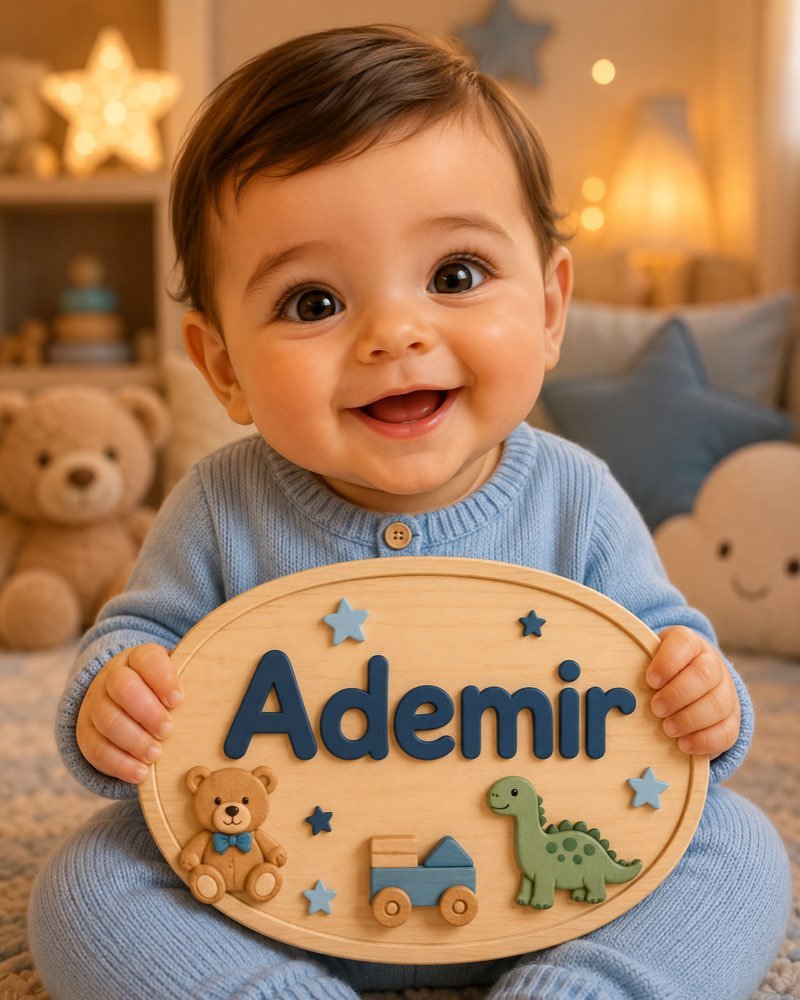 Ilustração de bebê segurando plaquinha com o nome Ademir