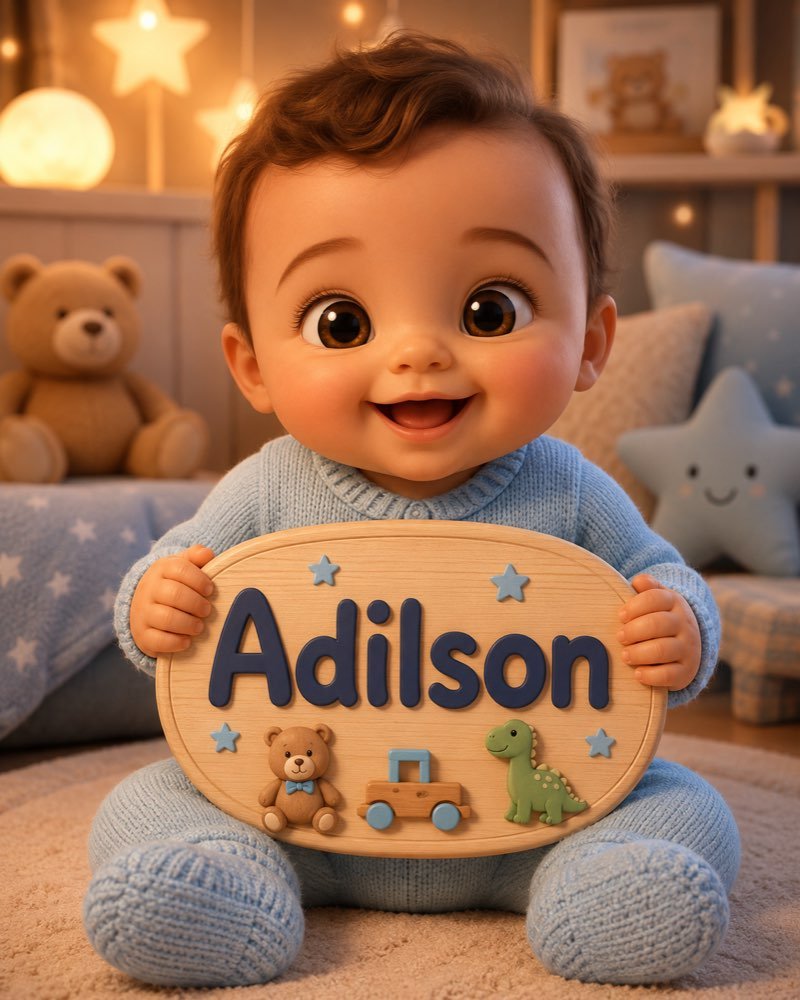 Ilustração de bebê segurando plaquinha com o nome Adilson