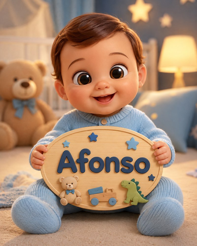 Ilustração de bebê segurando plaquinha com o nome Afonso