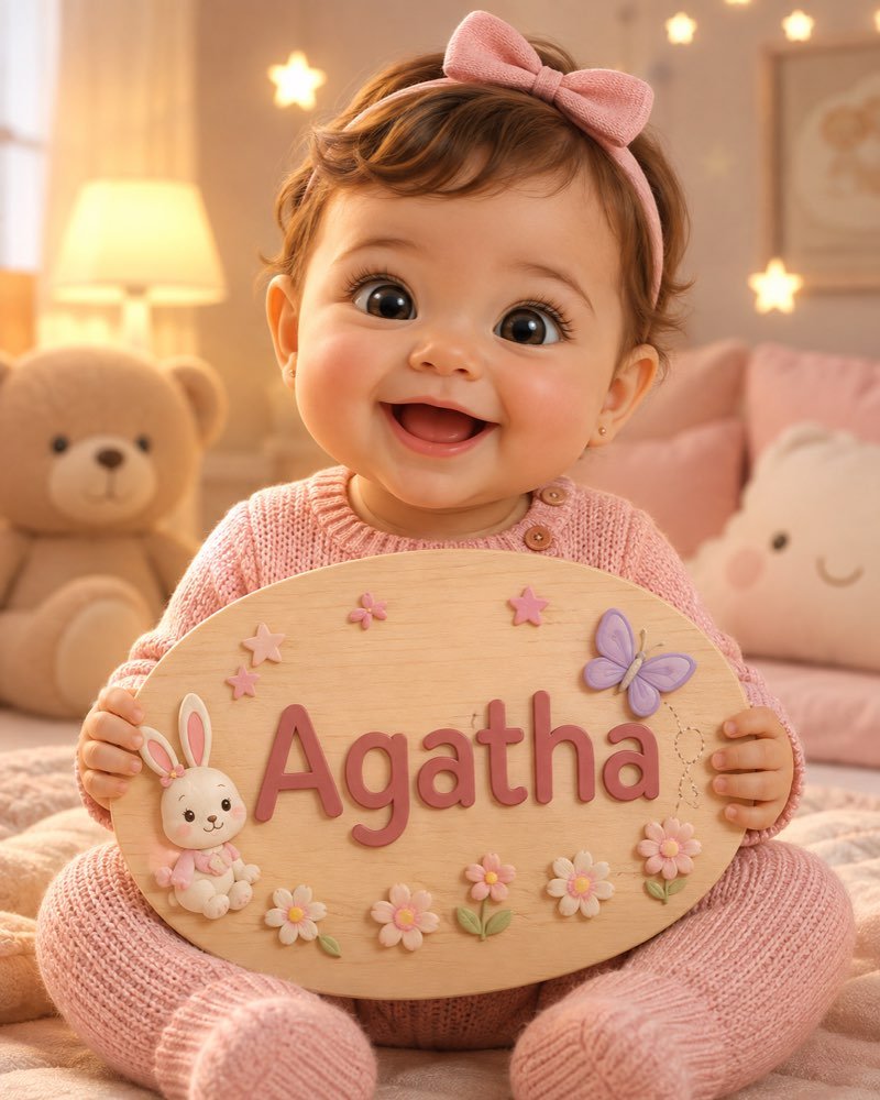 Ilustração de bebê segurando plaquinha com o nome Agatha