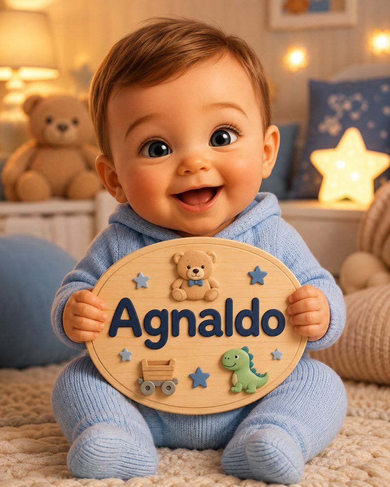 Ilustração de bebê segurando plaquinha com o nome Agnaldo