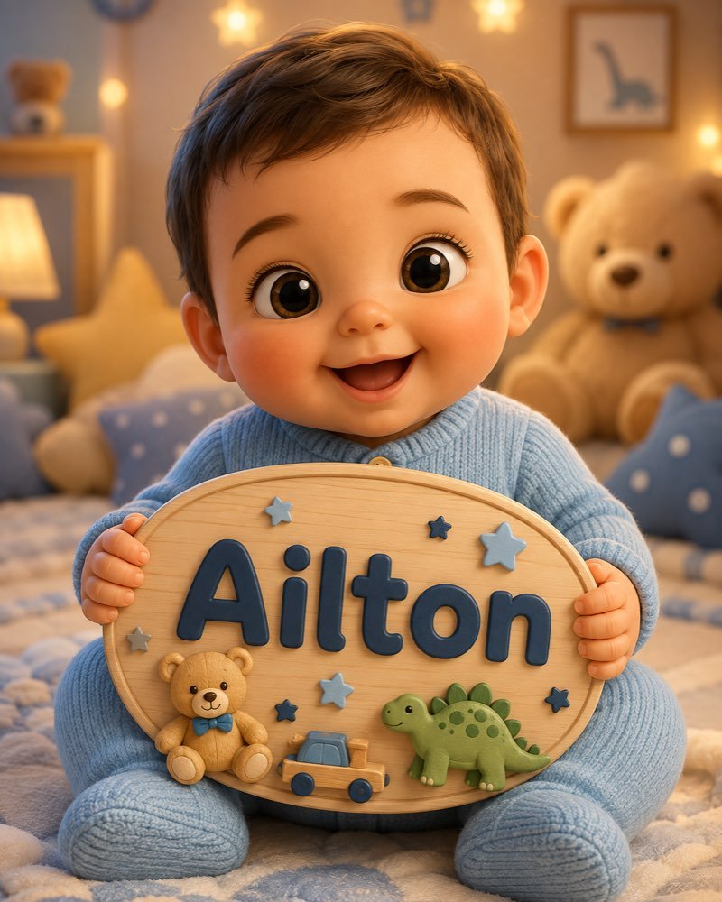 Ilustração de bebê segurando plaquinha com o nome Ailton