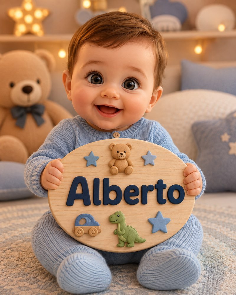 Ilustração de bebê segurando plaquinha com o nome Alberto