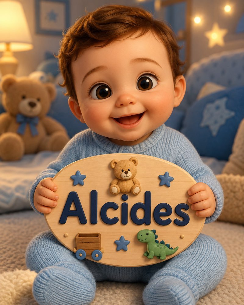 Ilustração de bebê segurando plaquinha com o nome Alcides