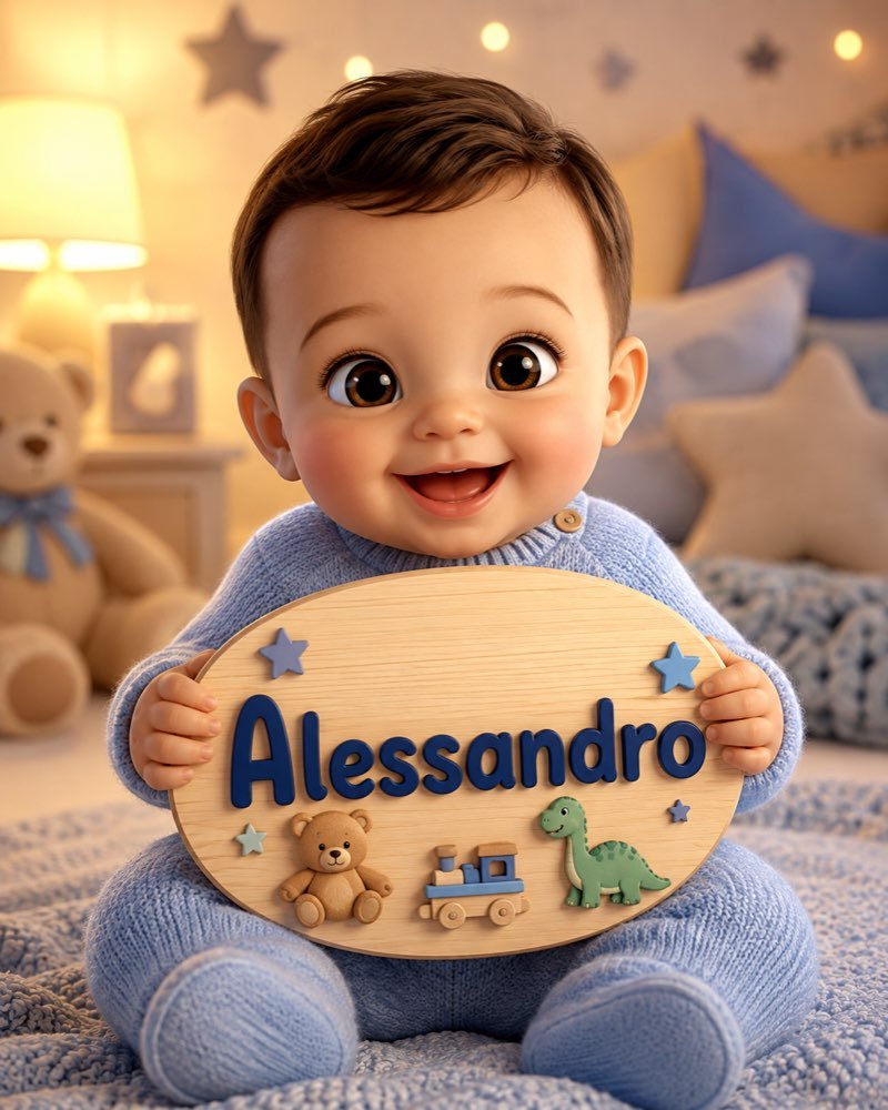 Ilustração de bebê segurando plaquinha com o nome Alessandro