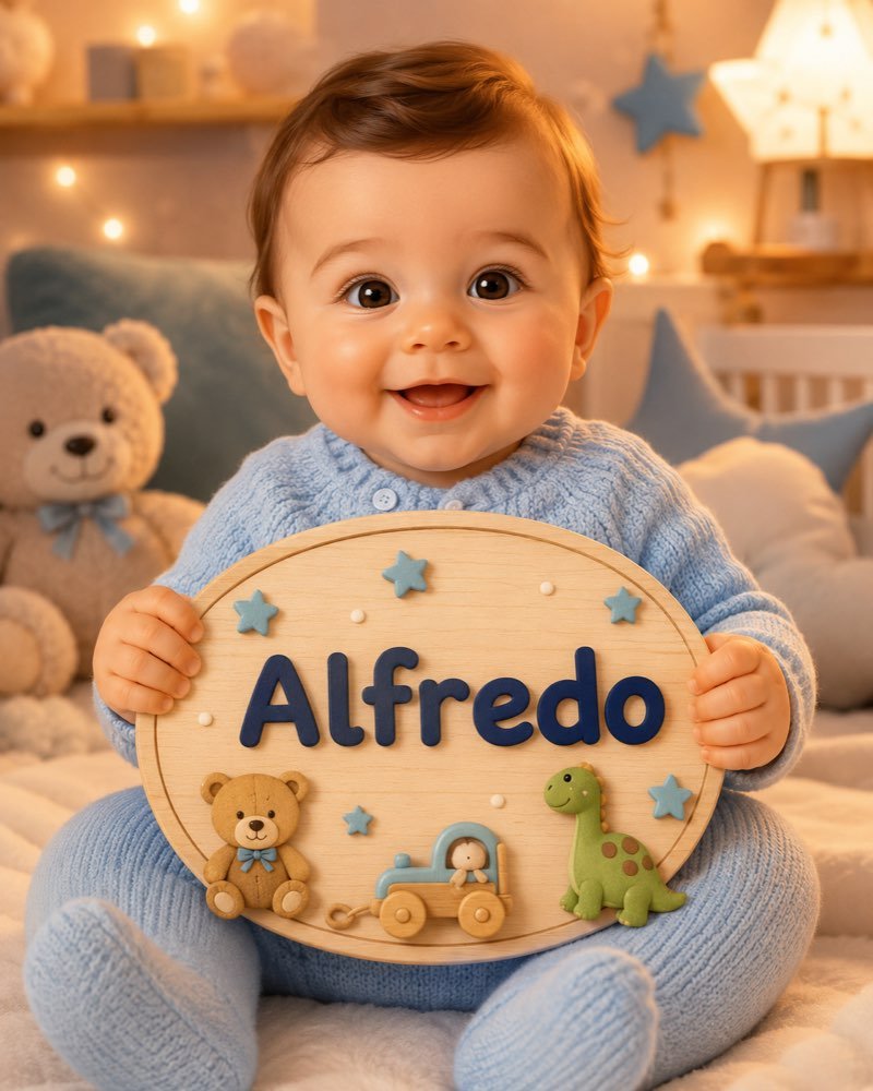 Ilustração de bebê segurando plaquinha com o nome Alfredo